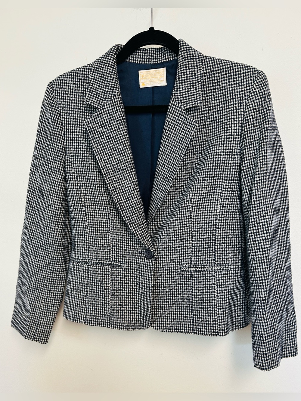 Pendleton Vintage 70s USA Houndstooth Virgin Wool Navy White Blazer Womens 6